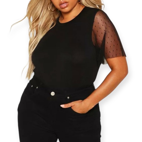 Boohoo | Tops | Boohoo Top Plus Polka Dot Mesh Sleeve Tee Black Womens ...